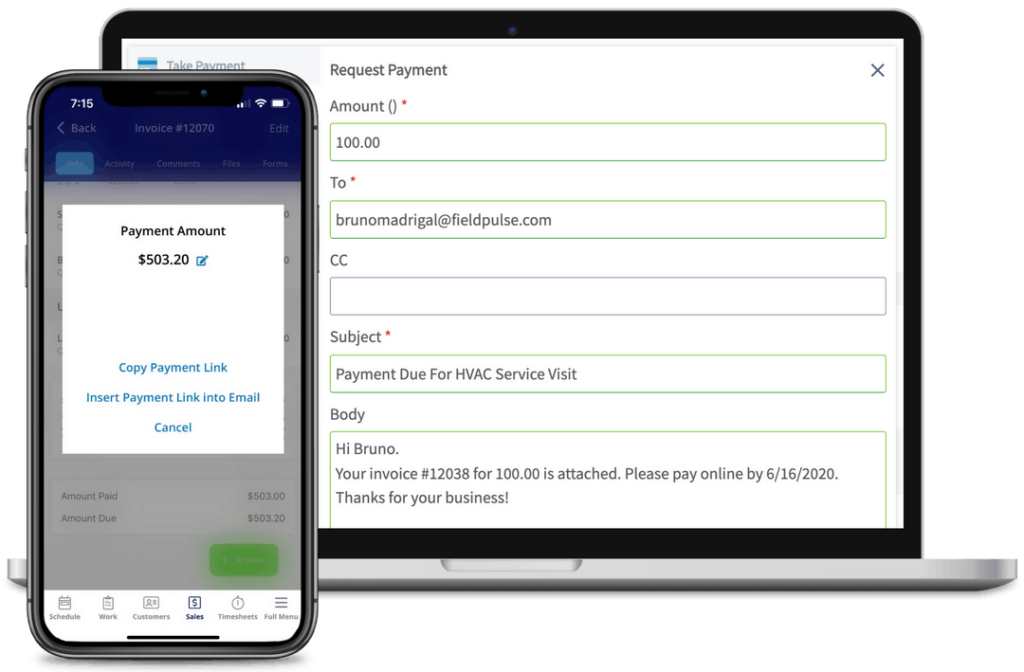 FieldPulse Payments views on web and mobile app